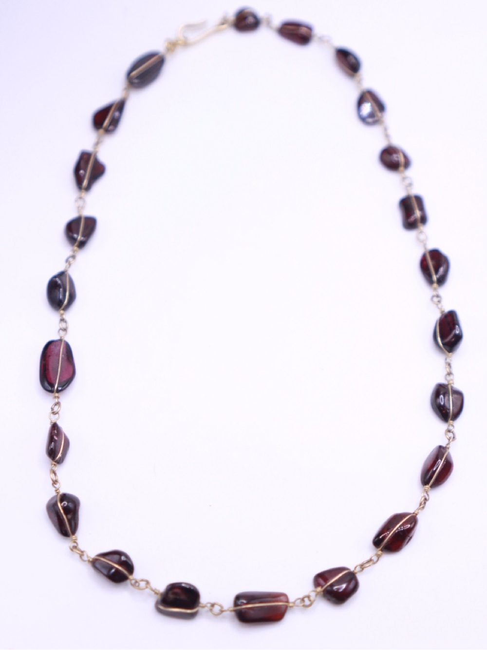 Handmade Dark Garnet Stone Bead Station Necklace with Gold Links
